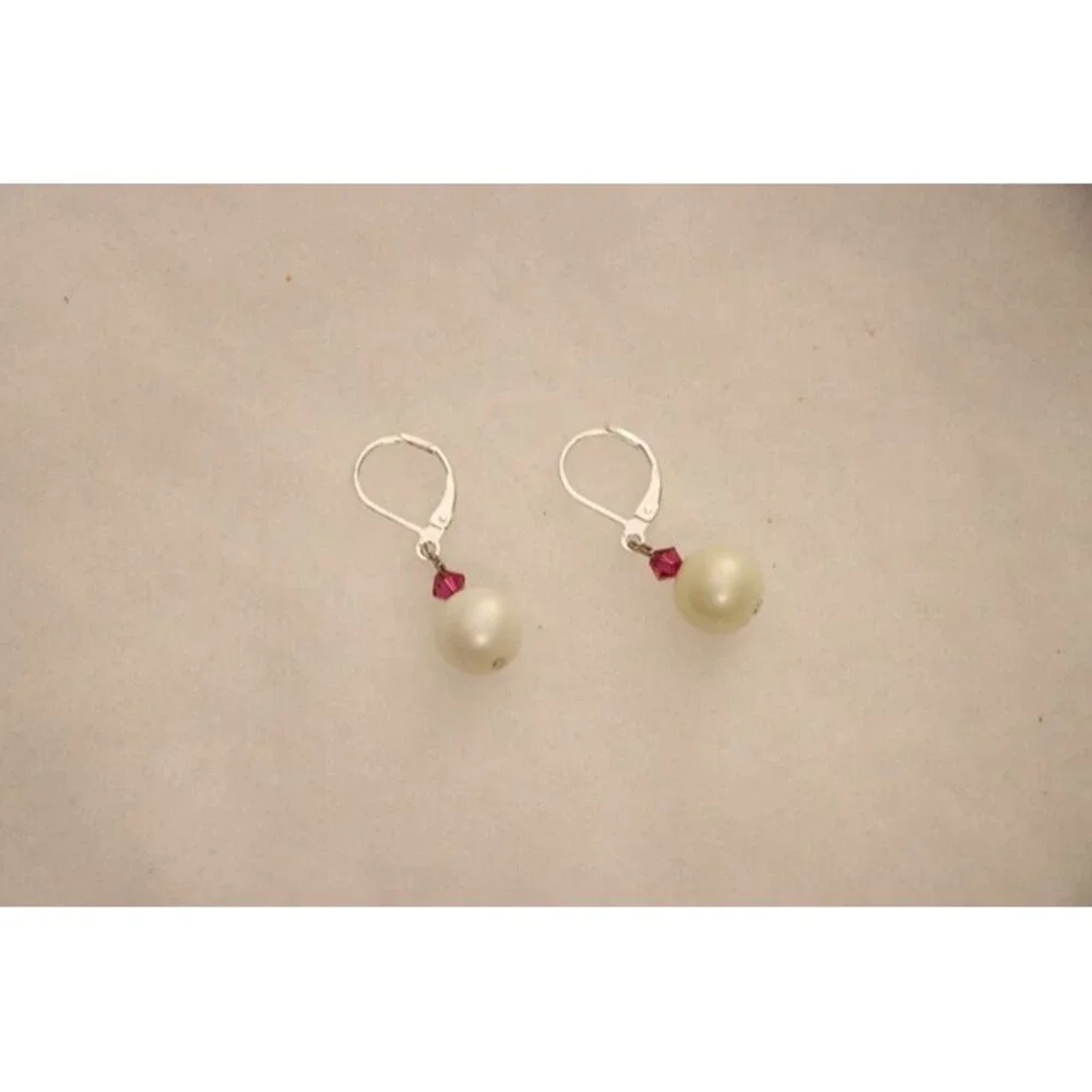 White round pearl style beaded drop earrings with silver metal loop